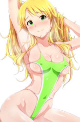 Rule 34 | 1girl, adjusting hair, arched back, arm up, armpits, bikini, blonde hair, blush, breasts, cleavage, collarbone, covered erect nipples, covered navel, green eyes, hoshii miki, idolmaster, idolmaster (classic), long hair, looking at viewer, md5 mismatch, medium breasts, micro bikini, navel, resolution mismatch, skindentation, smile, solo, source smaller, swimsuit, tareme, tengu (tetuo kun), white background