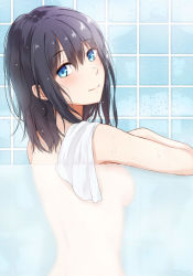 Rule 34 | 1girl, back, back focus, black hair, blue eyes, breasts, commentary request, from behind, frosted glass, hair between eyes, kanden sky, looking at viewer, looking back, medium breasts, nude, original, see-through, short hair, shower (place), smile, solo, tile wall, tiles, towel, towel on one shoulder, upper body, water drop