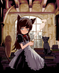 Rule 34 | animal ears, arched window, bonnet, cat, cat ears, cat girl, cat tail, coffee, glasses, grey eyes, long hair, maid, rato, solo, source, tail, window