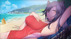 1girl absurdres alternate_costume animal_ears arknights beach blue_sky breasts cat_ears closed_mouth cowboy_shot extra_ears grey_hair hair_between_eyes hand_on_own_chest highres large_breasts long_hair looking_at_viewer one-piece_swimsuit outdoors red_one-piece_swimsuit schwarz_(arknights) sky solo swimsuit water yellow_eyes yunnasu