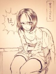 Rule 34 | 1girl, breasts, chair, collarbone, commentary request, denim, denim shorts, glasses, greyscale, kotoyama, monochrome, no bra, open mouth, original, short hair, shorts, simple background, sitting, small breasts, solo, traditional media, white background