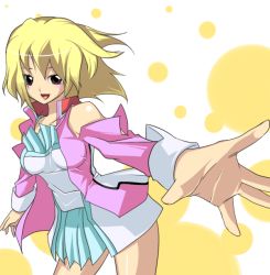 Rule 34 | 00s, 1girl, :d, bare shoulders, bent over, blonde hair, brown eyes, detached sleeves, foreshortening, gundam, gundam seed, gundam seed destiny, kurou (yugato), long sleeves, looking at viewer, open mouth, outstretched arm, short hair, smile, solo, stellar loussier, yugato