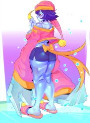 Rule 34 | 1girl, absurdres, ass, blue skin, breasts, capcom, cashumeru, claws, colored skin, hat, highres, house shoes, large breasts, lei lei, pajamas, purple hair, red eyes, ribbon, shorts, thick thighs, thighs, vampire (game)