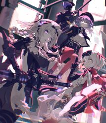 Rule 34 | 3girls, alisa: echo (punishing: gray raven), alisa (punishing: gray raven), belt, bianca: stigmata (punishing: gray raven), bianca (punishing: gray raven), blonde hair, boots, braid, cuffs, handcuffs, hat, headgear, highres, holding, holding sword, holding weapon, jacket, jumpsuit, lipstick, long hair, looking at viewer, looking back, makeup, mao (expuella), mechanical parts, military uniform, multiple girls, open clothes, open jacket, pink eyes, punishing: gray raven, purple eyes, purple hair, rosetta (punishing: gray raven), short hair, single braid, sitting, smile, sunglasses, sword, thighhighs, uniform, veil, weapon, white hair, yellow eyes
