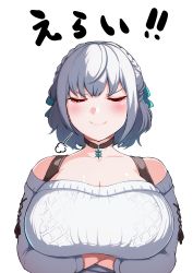 Rule 34 | 1girl, bare shoulders, braid, breasts, cleavage, closed eyes, collar, crossed arms, crown braid, hololive, huge breasts, large breasts, off-shoulder sweater, off shoulder, shirogane noel, shirogane noel (casual), silver hair, smile, solo, sweater, translation request, upper body, v-shaped eyebrows, virtual youtuber, yamada gaeshi