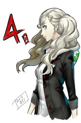 Rule 34 | 1girl, black jacket, blue eyes, dated, floating hair, hair ornament, hair over shoulder, hairclip, hood, hood up, hooded sweater, jacket, long hair, long sleeves, official style, open clothes, open jacket, persona, persona 5, profile, silver hair, solo, standing, sweater, swept bangs, takamaki anne, twintails, upper body, very long hair, werkbau, white sweater
