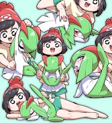Rule 34 | 2girls, assisted stretching, barefoot, beanie, black hair, blush, commentary, covering face, creatures (company), embarrassed, female focus, flexible, full-face blush, game freak, gen 3 pokemon, green hair, hair over one eye, hat, holding, holding pokemon, kirlia, looking at viewer, lying, multiple girls, nintendo, no pussy, on side, open mouth, pokemon, pokemon (creature), pokemon sm, pokephilia, presenting, selene (pokemon), sequential, sexually suggestive, short shorts, shorts, smile, spread legs, stretching, tokkyuu mikan