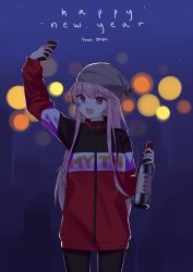 1girl :d beanie black_pants blurry blurry_background bottle grey_hat hair_behind_ear hat highres holding holding_bottle hololive hololive_english jacket long_hair mori_calliope open_mouth pants red_jacket signature smile solo v-shaped_eyebrows virtual_youtuber watashishi