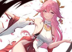 Rule 34 | 1girl, absurdres, animal ears, bare shoulders, breasts, commentary request, cowboy shot, detached sleeves, fox ears, genshin impact, hair between eyes, highres, hnbsgy, large breasts, long hair, long sleeves, looking at viewer, open mouth, pink hair, purple eyes, red skirt, shirt, simple background, skirt, sleeveless, sleeveless shirt, solo, tears, very long hair, white background, white shirt, yae miko