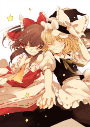 Rule 34 | 2girls, apron, ascot, blonde hair, blush, bow, braid, brown hair, detached sleeves, closed eyes, female focus, friends, grin, hair bow, hair tubes, hakurei reimu, hand on headwear, hat, hat bow, highres, holding hands, japanese clothes, kirisame marisa, long hair, messy hair, miko, multiple girls, one eye closed, poprication, ribbon, side-by-side, single braid, smile, star (symbol), touhou, waist apron, wavy hair, wink, witch, witch hat, yellow eyes, yuri