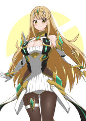 Rule 34 | absurdres, aotsuba, bare shoulders, black pantyhose, blonde hair, breasts, chest jewel, cleavage, cleavage cutout, clothing cutout, commentary request, dress, drop earrings, earrings, elbow gloves, gloves, highres, jewelry, large breasts, long hair, microskirt, miniskirt, mythra (massive melee) (xenoblade), mythra (xenoblade), neon trim, nintendo, pantyhose, req (reqlue), short dress, skirt, sleeveless, sleeveless dress, super smash bros., swept bangs, thigh strap, tiara, very long hair, white dress, white gloves, white skirt, xenoblade chronicles (series), xenoblade chronicles 2, yellow eyes