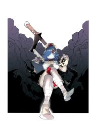 Rule 34 | + +, 1girl, absurdres, bandaged arm, bandages, blue hair, border, breasts, breasts apart, clipboard, commentary, cross, crossed legs, english commentary, gloves, hacksaw, hair over one eye, hat, highres, holding, large breasts, looking at viewer, mask, mouth mask, nurse cap, one eye covered, red cross, red eyes, saw, shoes, sitting, skullgirls, solo, ssambatea, valentine (skullgirls), white border, white footwear, white gloves