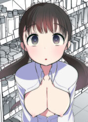 Rule 34 | 1girl, black hair, breasts, breasts out, collared shirt, ichiko (ichi), large breasts, looking at viewer, mind control, monochrome background, nipples, no bra, open mouth, original, partially unbuttoned, public indecency, purple eyes, shelf, shirt, shop, solo, tareme, textless version, twintails, upper body