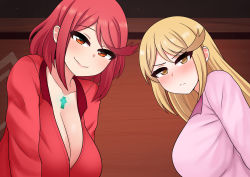 Rule 34 | 2girls, blonde hair, blush, breasts, chest jewel, cleavage, closed mouth, collarbone, commentary, english commentary, highres, large breasts, long hair, looking at viewer, multiple girls, mythra (xenoblade), nintendo, pajamas, pink pajamas, pyra (xenoblade), red eyes, red hair, red pajamas, short hair, smile, the only shoe, upper body, xenoblade chronicles (series), xenoblade chronicles 2, yellow eyes