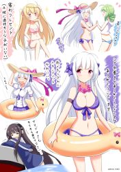 Rule 34 | 4girls, = =, azur lane, bare arms, bare shoulders, between breasts, bikini, blonde hair, blue bikini, blue jacket, blush, bow, braid, breasts, brown hair, brown headwear, cleavage, closed eyes, closed mouth, collared shirt, comet (azur lane), commentary request, crescent (azur lane), cygnet (azur lane), cygnet (sea star on shore) (azur lane), front-tie bikini top, front-tie top, green hair, hair bow, hand on own hip, hand up, hat, hat bow, headphones, highres, holding, holding swim ring, hood, hood down, hooded jacket, innertube, jacket, kamishiro (rsg10679), large breasts, long hair, long island (azur lane), looking at viewer, multiple girls, navel, necktie, necktie between breasts, nose blush, open mouth, pink bikini, pink bow, puffy short sleeves, puffy sleeves, purple bikini, purple bow, purple neckwear, purple skirt, red eyes, shirt, short sleeves, side-tie bikini bottom, sitting, skirt, sleeveless, sleeveless jacket, smile, sun hat, swim ring, swimsuit, translation request, trembling, twitter username, two side up, v-shaped eyebrows, very long hair, water, white background, white hair, white jacket, white shirt