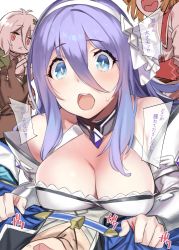 Rule 34 | 1boy, 3girls, 92m, :x, absurdres, bare shoulders, blue eyes, blush, breasts, brother and sister, cleavage, detached sleeves, dress, hair between eyes, hair ribbon, hairband, highres, kokkoro (princess connect!), large breasts, light purple hair, long hair, looking at viewer, multiple girls, open mouth, princess connect!, ribbon, rino (princess connect!), shizuru (princess connect!), siblings, sisters, speech bubble, thighs, translation request, white dress, white ribbon, yuuki (princess connect!)