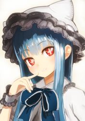 Rule 34 | + +, 1girl, bad id, bad pixiv id, blue hair, blush, hat, long hair, looking at viewer, nosuku, original, red eyes, simple background, smile, solo, upper body, white background