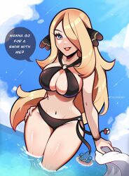 Rule 34 | 1girl, absurdres, bikini, black bikini, blonde hair, blue eyes, breasts, cleavage, commentary, creatures (company), cynthia (pokemon), english commentary, english text, game freak, hair ornament, hand on own hip, highres, large breasts, long hair, looking at viewer, navel, nintendo, poke ball, pokemon, pokemon (creature), pokemon dppt, smile, swimsuit, touyarokii, twitter username
