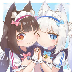 Rule 34 | 2girls, :&lt;, :3, alternate hairstyle, animal ear fluff, animal ears, bell, bi neko706, blue bow, blue bowtie, blunt bangs, blush, bow, bowtie, breasts, cat ears, cat girl, cheek press, chibi, chibi only, chocola (nekopara), cleavage, cleavage cutout, closed mouth, clothing cutout, commentary request, eyelashes, frown, furrowed brow, hair bow, hair ribbon, hairstyle switch, hand up, happy, heads together, highres, holding hands, interlocked fingers, jingle bell, long hair, looking at viewer, low twintails, maid, maid headdress, multiple girls, neck bell, nekopara, one eye closed, pink bow, pink bowtie, puffy short sleeves, puffy sleeves, ribbon, short sleeves, sleeve bow, small breasts, smile, tareme, tsurime, twintails, upper body, vanilla (nekopara), waitress, white ribbon