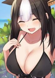 Rule 34 | 1girl, :d, ^ ^, animal ears, bad id, bad pixiv id, bare shoulders, bikini, black bikini, black hair, black hairband, blush, breasts, cccpo, cleavage, closed eyes, collarbone, commentary request, covered erect nipples, cow ears, day, facing viewer, fake animal ears, hairband, hand on own chest, highres, holstein (cccpo), lactation, lactation through clothes, large breasts, long hair, multicolored hair, open mouth, original, outdoors, smile, solo, swimsuit, twintails, two-tone hair, wet, wet clothes, white hair