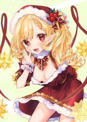 Rule 34 | 1girl, absurdres, arm behind back, blonde hair, braid, braided bangs, breasts, crystal, downblouse, dress, drill hair, fang, fingernails, flandre scarlet, frilled cuffs, frilled sleeves, frills, fur-trimmed dress, fur collar, fur trim, hat, hat ribbon, highres, holly, leaning forward, looking at viewer, mokokiyo (asaddr), neck ribbon, off-shoulder dress, off shoulder, ojou-sama pose, open mouth, pointy ears, red dress, red eyes, red hat, red ribbon, ribbon, santa dress, santa hat, sharp fingernails, short dress, short sleeves, side drill, side ponytail, small breasts, smile, solo, standing, touhou, wings