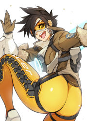 Rule 34 | 1girl, ass, black hair, bomber jacket, brown eyes, chest harness, from behind, gloves, harness, hide (hideout), highres, jacket, looking at viewer, looking back, orange goggles, overwatch, pants, short hair, solo, spiked hair, tight clothes, tight pants, tracer (overwatch)