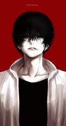 Rule 34 | 1boy, black shirt, chainsaw man, ear piercing, earrings, hair over eyes, half-closed eyes, highres, hoshi san 3, jacket, jewelry, looking at viewer, male focus, open clothes, open jacket, parted lips, piercing, red background, shirt, simple background, solo, upper body, yoshida hirofumi