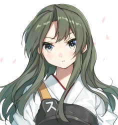 Rule 34 | 1girl, alternate hairstyle, commentary request, commission, dark green hair, green eyes, hair down, japanese clothes, kantai collection, long hair, looking at viewer, mitsuyo (mituyo324), muneate, solo, split mouth, upper body, white background, zuikaku (kancolle)