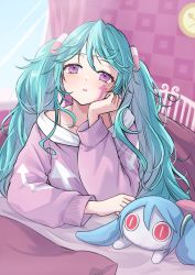 Rule 34 | 1girl, absurdres, aimaina, arrow print, blanket, blue hair, blush, character doll, clock, facial mark, half-closed eyes, hand on own cheek, hand on own face, hatsune miku, highres, long hair, long sleeves, lying, messy hair, nagitofuu, off-shoulder shirt, off shoulder, on bed, on stomach, pill hair ornament, purple eyes, ringed eyes, shirt, slow motion (vocaloid), solo, stuffed toy, twintails, under covers, very long hair, vocaloid, window