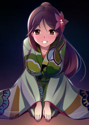 Rule 34 | 10s, 1girl, ahen, amagi (kancolle), breasts, brown eyes, brown hair, female focus, flower, furisode, hair flower, hair ornament, japanese clothes, kantai collection, kimono, kneeling, large breasts, leaning forward, long hair, looking at viewer, mole, mole under eye, ponytail, sitting, smile, solo