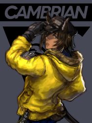 Rule 34 | 1boy, animal ears, arknights, bishounen, blue eyes, brown hair, courier (arknights), cowboy shot, dark skin, english text, from behind, fur collar, gloves, hand up, hat, highres, jacket, loyaltykink, male focus, open mouth, simple background, solo, yellow jacket