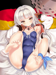 Rule 34 | 1girl, ankle ribbon, armpits, azur lane, bare shoulders, barefoot, bed sheet, blue one-piece swimsuit, blunt bangs, blush, breasts, brown gloves, casual one-piece swimsuit, choker, cle masahiro, closed mouth, collarbone, cross, feet, foot focus, foreshortening, from above, full body, german flag, german text, germany, gloves, hat, unworn hat, unworn headwear, highres, indoors, iron cross, jacket, leg ribbon, legs, legs up, long hair, looking at viewer, lying, mole, mole under eye, on back, on bed, one-piece swimsuit, open clothes, open jacket, pillow, ribbon, shiny clothes, shiny skin, silver hair, small breasts, soles, solo, straw hat, sun hat, swimsuit, tattoo, toenails, toes, very long hair, white jacket, yellow eyes, z46 (azur lane), z46 (her first summer) (azur lane)