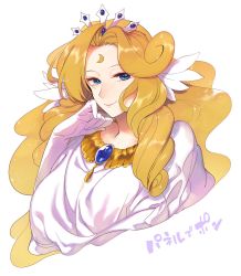 Rule 34 | 1girl, blonde hair, blue eyes, breasts, dress, facial mark, fairy, forehead mark, gloves, hazuki (nature.), highres, intelligent systems, jewelry, large breasts, lipstick, long hair, makeup, necklace, nintendo, panel de pon, ringlets, seren, solo, tiara, very long hair, white background, white dress