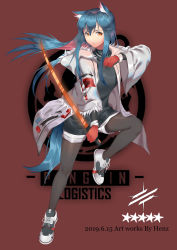 Rule 34 | 1girl, animal ears, aqua hair, arknights, artist name, black pantyhose, black shirt, dated, english text, gloves, henz, highres, holding, holding sword, holding weapon, jacket, jumping, long hair, looking at viewer, official alternate costume, open clothes, open jacket, orange eyes, pantyhose, red background, red gloves, shirt, shoes, sneakers, solo, sword, texas (arknights), texas (winter messenger) (arknights), thighs, weapon, white footwear, white jacket