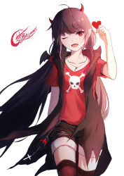 Rule 34 | 1girl, absurdres, ahoge, arm up, artist name, black hair, black shorts, breasts, collarbone, commentary, cross, fangs, happy, heart, highres, holding, horns, latin cross, leggings, long hair, looking at viewer, one eye closed, open mouth, original, ponytail, red eyes, red horns, red shirt, shimmer, shirt, short shorts, short sleeves, shorts, simple background, small breasts, solo, thighhighs, twintails, white background, zettai ryouiki
