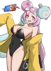 Rule 34 | 1girl, :d, absurdres, bare legs, bare shoulders, blue hair, blush, breasts, cellphone, cleavage, covered navel, creatures (company), floating, floating object, game freak, gen 4 pokemon, hair ornament, highres, iono (pokemon), jacket, large breasts, leotard, long hair, looking at viewer, multicolored hair, nintendo, off shoulder, open mouth, phone, pink eyes, pink hair, playboy bunny, pokemon, pokemon sv, rotom, rotom phone, sharp teeth, simple background, sleeves past wrists, smartphone, smile, solo, teeth, tsuneshima, two-tone hair, very long hair, white background