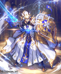 1girl armor armored_dress black_footwear blonde_hair breasts commentary_request company_name dress full_body helmet high_ponytail highres holding holding_shield holding_sword holding_weapon holy_saber_(shadowverse) indoors knight large_breasts long_dress long_hair looking_at_viewer magic multicolored_clothes official_art okada_manabi ponytail shadowverse shield shoulder_armor standing sword weapon white_dress