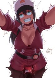 Rule 34 | 10s, 1girl, ahegao, belt, black hair, blush, breasts, brown leggings, cleavage, clenched teeth, covered erect nipples, creatures (company), dated, downblouse, female orgasm, female protagonist (pokemon go), game freak, green eyes, grin, hair between eyes, hat, head tilt, large breasts, leggings, long hair, looking up, nintendo, no bra, orgasm, pantyhose, poke ball, pokemon, pokemon go, sex toy, signature, simple background, smile, solo, standing, sweat, teeth, trembling, v-shaped eyebrows, vibrator, white background, zheng