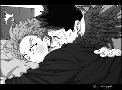 Rule 34 | 2boys, blush, boku no hero academia, couple, endeavor (boku no hero academia), facial hair, feathered wings, greyscale, hawks (boku no hero academia), kiss, kissing neck, looking at another, lying, male focus, mature male, monochrome, multiple boys, muscular, muscular male, on bed, on stomach, popo take, scar, scar across eye, scar on face, short hair, sideburns, smile, spiked hair, stubble, wings, yaoi