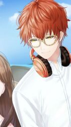 Rule 34 | 1boy, 707 (susanghan messenger), button shirt, game cg, glasses, hair between eyes, headphones, headphones around neck, highres, looking to the side, male focus, orange hair, parted lips, shirt, solo, susanghan messenger, white shirt, yellow eyes