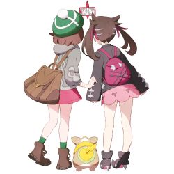 Rule 34 | 2girls, ankle boots, backpack, bag, bare legs, black footwear, black jacket, boots, brown footwear, brown hair, coat, commentary request, creatures (company), dog, from behind, full body, game freak, gen 4 pokemon, gen 8 pokemon, gloria (pokemon), green headwear, grey coat, hair ribbon, hat, high heel boots, high heels, holding, holding phone, hood, hood down, hooded coat, jacket, long hair, long sleeves, marnie (pokemon), multiple girls, nemoto yuuma, nintendo, phone, pink skirt, pokemon, pokemon (creature), pokemon swsh, purple ribbon, ribbon, rotom, rotom phone, selfie, simple background, skirt, sleeves past wrists, standing, tam o&#039; shanter, twintails, white background, yamper