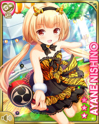 Rule 34 | 1girl, :d, alternate costume, black bow, blonde hair, bow, card, character name, day, dress, fake horns, girlfriend (kari), headband, horns, nishino ayane, official art, oni, oni horns, open mouth, orange dress, outdoors, qp:flapper, red eyes, smile, solo, standing, standing on one leg, tagme, tiger striped clothes, twintails