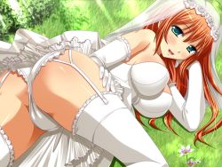 Rule 34 | 1girl, ass, blush, bra, breasts, bridal veil, bride, brown hair, dress, erika inaba, flower, from behind, futari no erika, game cg, garter straps, gloves, grass, green eyes, large breasts, light rays, long hair, looking at viewer, lying, open mouth, outdoors, panties, sapporo momoko, smile, solo, source request, sunbeam, sunlight, thighhighs, underwear, veil, wedding dress, white bra, white dress, white gloves, white panties, white thighhighs