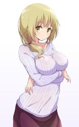 Rule 34 | 1girl, alternate costume, alternate hairstyle, blonde hair, blush, breasts, brown skirt, closed mouth, collarbone, commentary request, cowboy shot, crossed arms, hair tie, highres, ichii yui, large breasts, long hair, long sleeves, looking at viewer, low ponytail, mel (melty pot), sidelocks, simple background, skirt, solo, standing, striped clothes, striped sweater, sweater, white background, white sweater, yellow eyes, yuyushiki