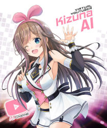 Rule 34 | 1girl, ;d, black bow, black necktie, black sleeves, blue eyes, blush, bow, breasts, brown hair, character name, commentary request, copyright name, detached sleeves, hair ribbon, hairband, hand up, highres, kizuna ai, kizuna ai (elegant), kizuna ai inc., long hair, long sleeves, medium breasts, multicolored hair, navel, necktie, one eye closed, open mouth, pink hair, pink hairband, pink ribbon, ribbon, round teeth, shirt, short necktie, short shorts, shorts, sleeveless, sleeveless shirt, smile, solo, staryume, streaked hair, striped, striped bow, teeth, upper teeth only, very long hair, virtual youtuber, white shirt, white shorts, youtube