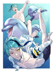 Rule 34 | 2boys, abs, aqua hair, barefoot, bishounen, blue hair, blurry, border, brothers, brown eyes, bubble, caustics, depth of field, dolphin, fish, floyd leech, green hair, grin, half-closed eyes, heterochromia, highres, hood, hooded jacket, jacket, jade leech, looking at viewer, male focus, multicolored hair, multiple boys, natsuko (bluecandy), official style, open clothes, open mouth, open shirt, outside border, pale skin, pectorals, riding, riding animal, sharp teeth, shirt, shorts, siblings, smile, streaked hair, swimming, teeth, toned, toned male, topless male, twins, twisted wonderland, underwater, white border, white shirt, yellow eyes