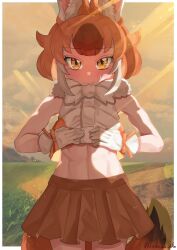 Rule 34 | 1girl, abs, animal ears, bare shoulders, blush, bow, breasts, brown hair, clothes lift, commentary, dhole (kemono friends), dog ears, dog girl, dog tail, extra ears, gloves, highres, kedama (ughugjydthjdf), kemono friends, kemono friends 3, lifted by self, looking at viewer, medium breasts, midriff, multicolored hair, muscular, muscular female, navel, open mouth, outdoors, shirt, shirt lift, short hair, skirt, sleeveless, smile, solo, tail, two-tone hair, white hair