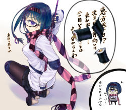 Rule 34 | 1girl, :o, aqua hair, asymmetrical hair, bag, between breasts, blush, bob cut, breasts, bubuzuke, crossed arms, cyclops, fingerless gloves, food, glasses, gloves, gradient background, green hair, hair ribbon, hairband, katana, large breasts, makizushi, monster girl, one-eyed, open mouth, original, over shoulder, pantyhose, pink background, pout, purple eyes, ribbon, scarf, school uniform, semi-rimless eyewear, setsubun, short hair, simple background, sleeves past wrists, solo, squatting, strap between breasts, striped clothes, striped scarf, sushi, sweater, sweater vest, sword, sword over shoulder, translation request, under-rim eyewear, weapon, weapon over shoulder, white background