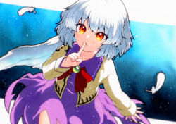 Rule 34 | 1girl, braid, brooch, feathered wings, gem, highres, jewelry, kishin sagume, open mouth, purple skirt, qqqrinkappp, red eyes, ribbon, single wing, skirt, solo, touhou, traditional media, white hair, white wings, wings