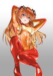 Rule 34 | 1girl, absurdres, arms behind back, artist request, ass, blue eyes, blush, bodysuit, breasts, brown hair, crossed legs, curvy, evangelion: 2.0 you can (not) advance, full body, hair between eyes, highres, interface headset, invisible chair, lips, long hair, looking at viewer, medium breasts, neon genesis evangelion, pilot suit, plugsuit, rebuild of evangelion, red bodysuit, red headwear, see-through, see-through bodysuit, shiny clothes, simple background, sitting, solo, souryuu asuka langley, test plugsuit, tsundere, two side up, very long hair, wide hips